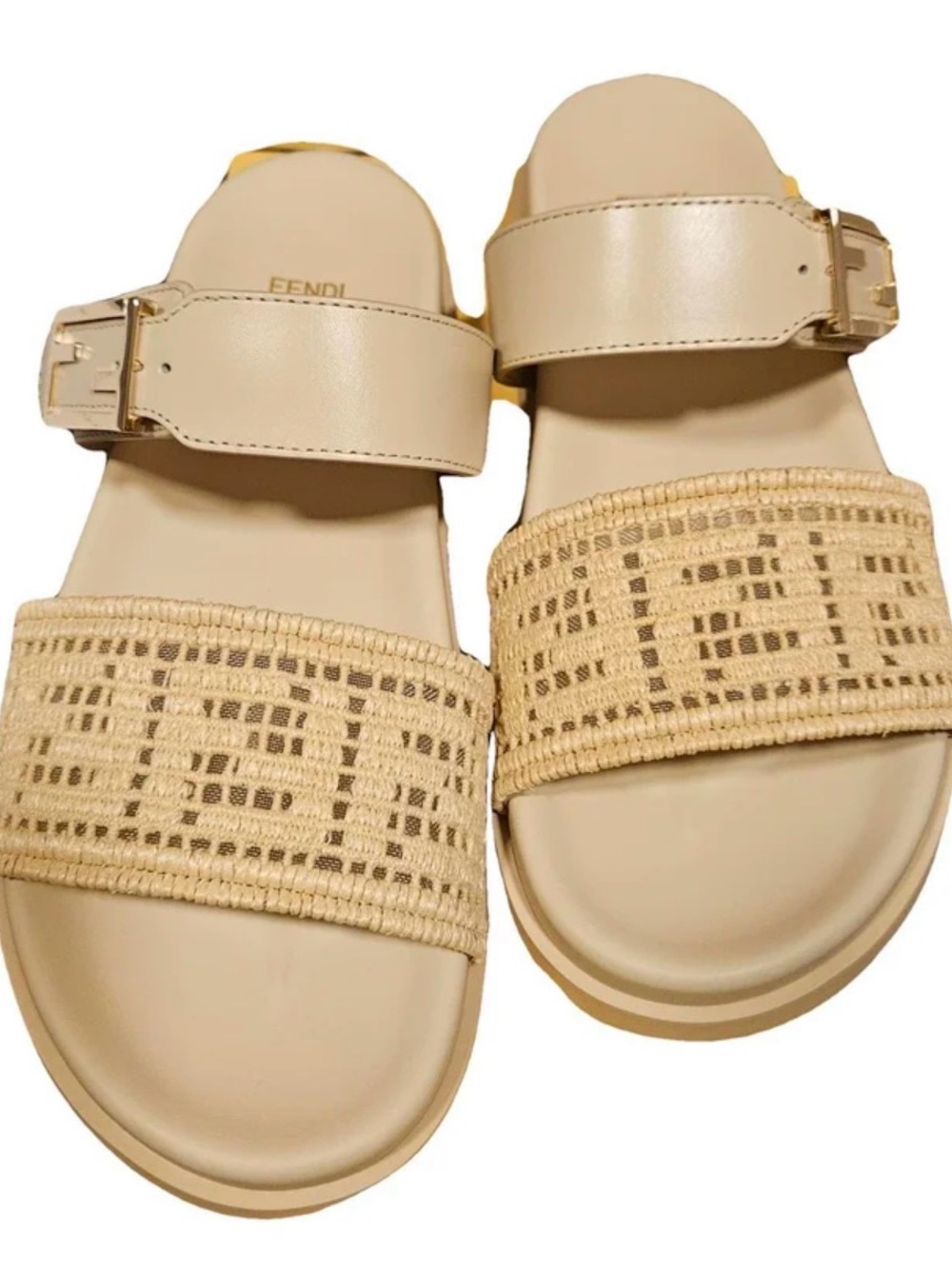 Fendi Feel Cloth Beige Raffia and Leather Slide Sandals with Gold Buckle
